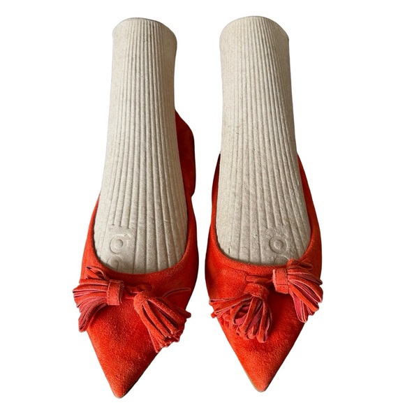 J. CREW Lottie Suede Leather Ballet Flats Sz 8 Orange Tassel Pointed Toe Slip On - Picture 1 of 6